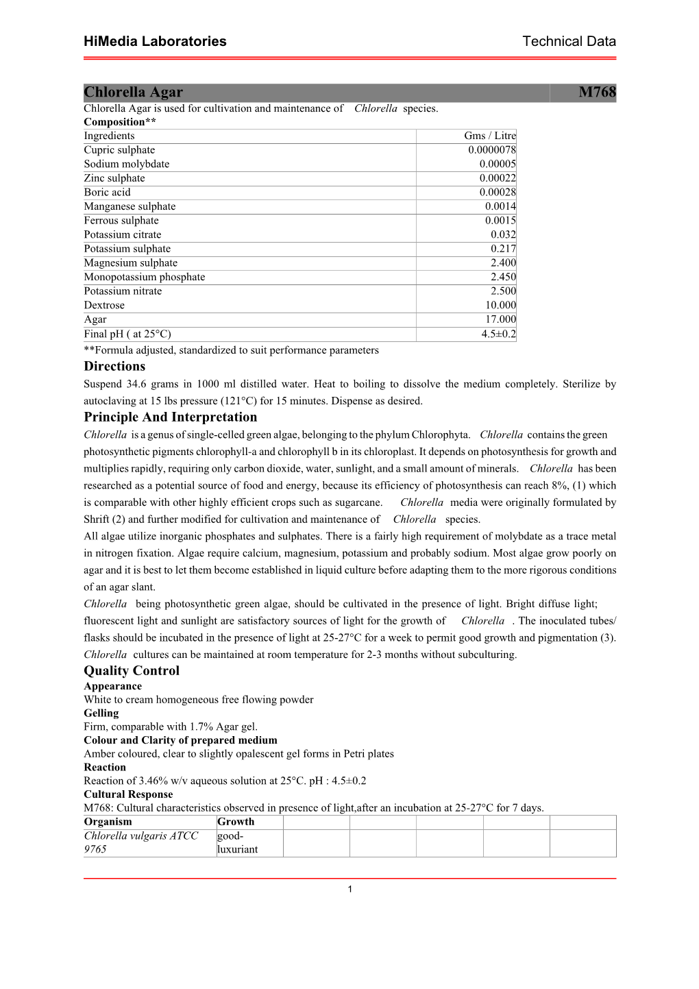 Chlorella Agar M768 Chlorella Agar Is Used for Cultivation and Maintenance of Chlorella Species