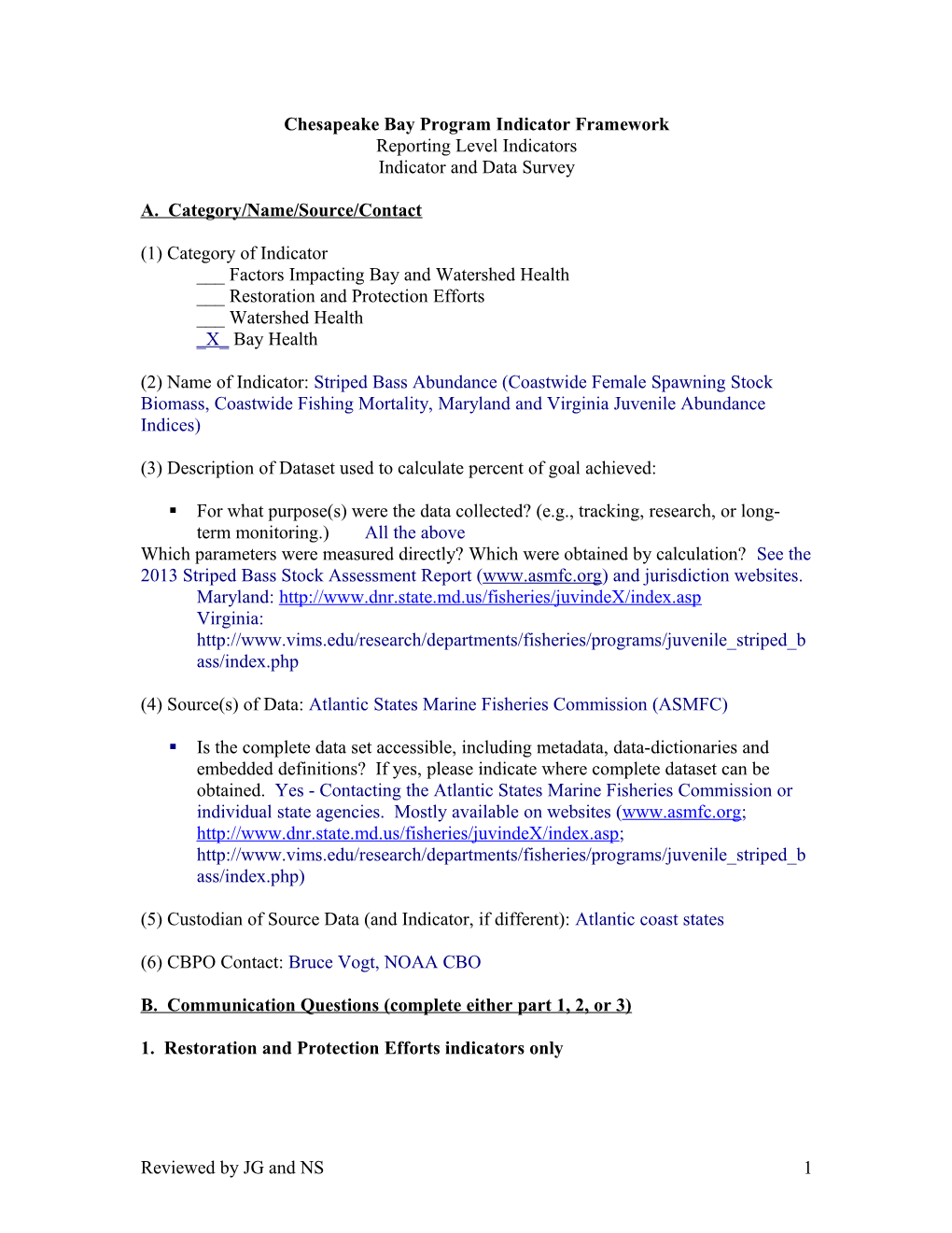 Chesapeake Bay Program Indicator Framework