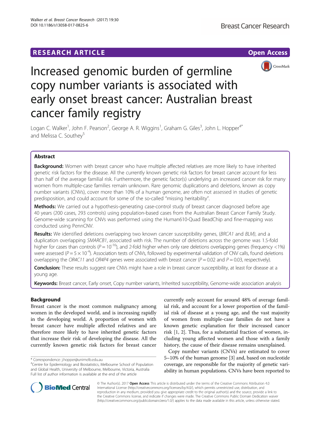 Increased Genomic Burden of Germline Copy Number Variants Is Associated with Early Onset Breast Cancer: Australian Breast Cancer Family Registry Logan C