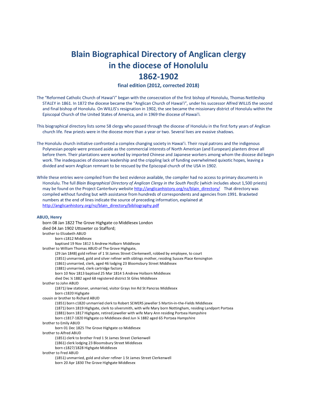 Blain Biographical Directory of Anglican Clergy in the Diocese of Honolulu 1862-1902 Final Edition (2012, Corrected 2018)