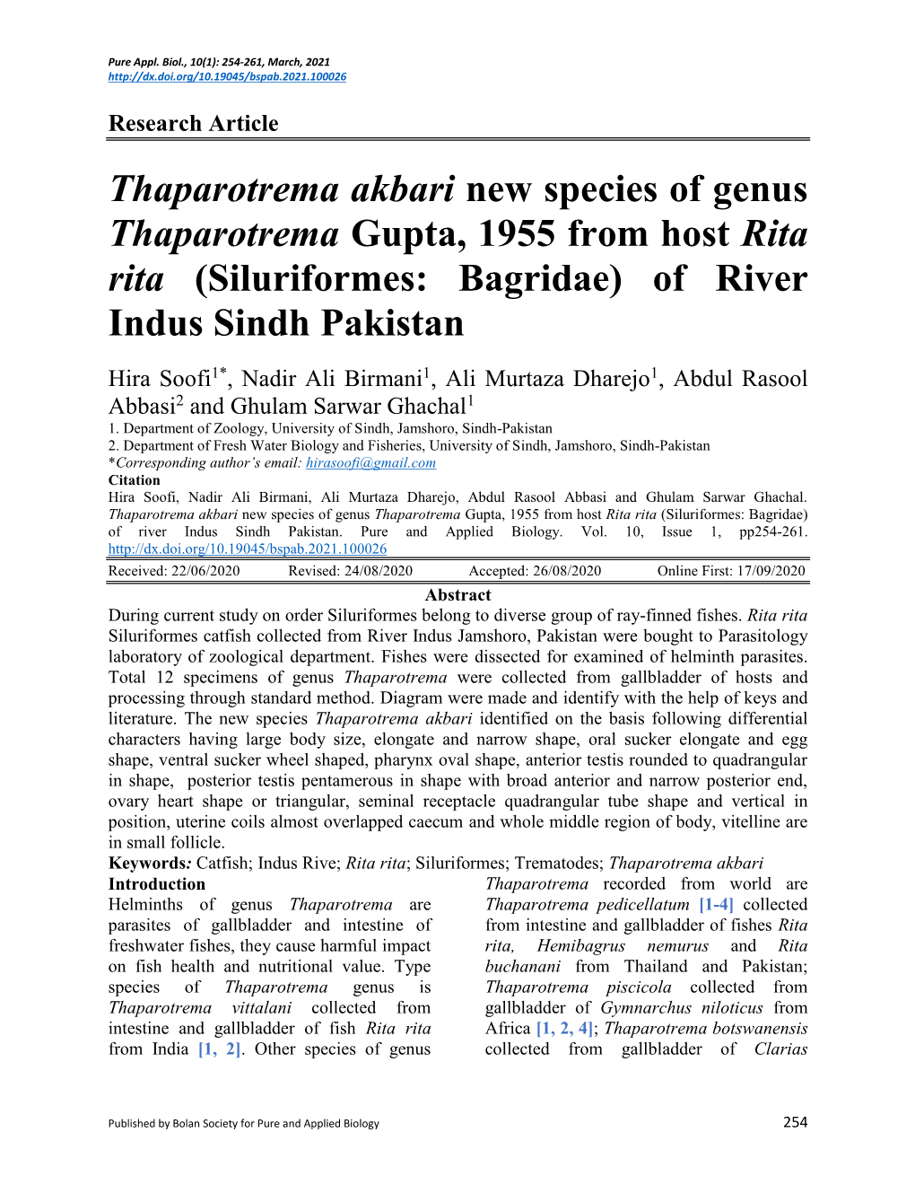 Thaparotrema Akbari New Species of Genus Thaparotrema Gupta, 1955 from Host Rita Rita (Siluriformes: Bagridae) of River Indus Sindh Pakistan