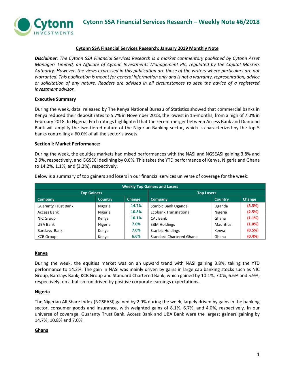 Cytonn SSA Financial Services Research – Weekly Note #6/2018