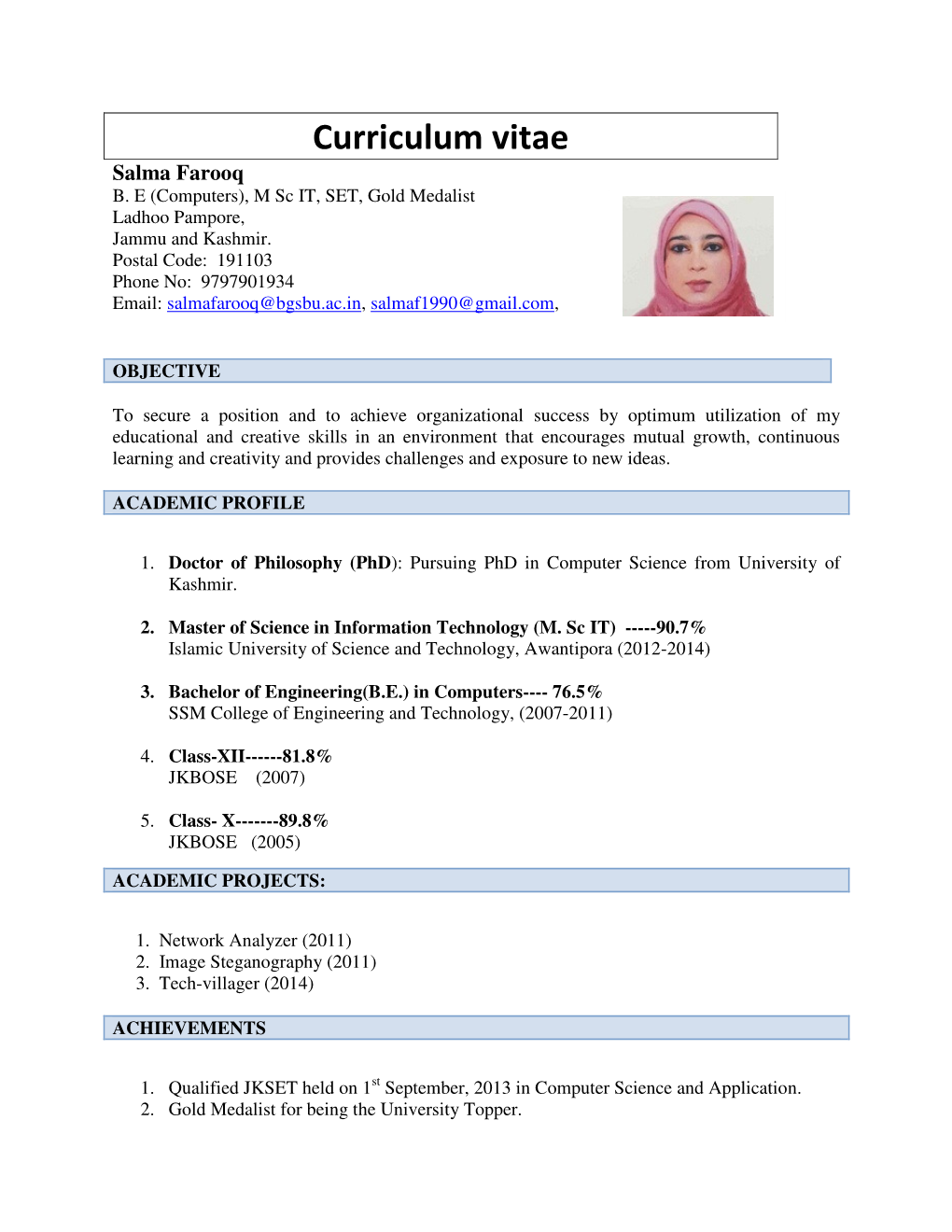 Curriculum Vitae Salma Farooq B