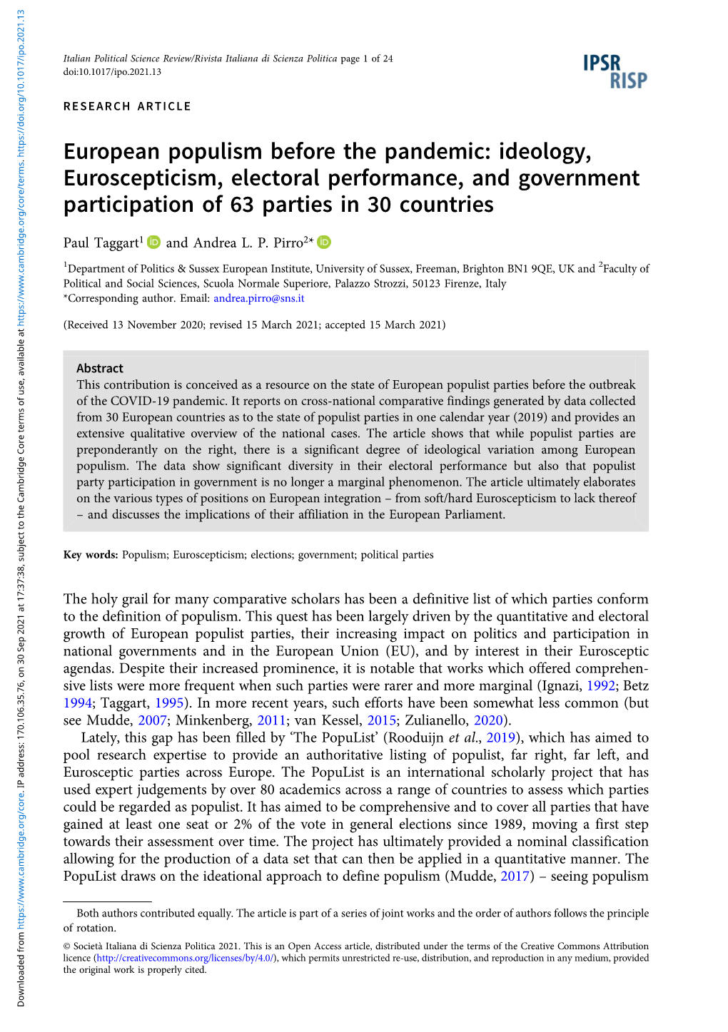 European Populism Before the Pandemic: Ideology, Euroscepticism, Electoral Performance, and Government Participation of 63 Parties in 30 Countries