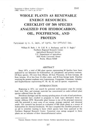 Whole Plants As Renewable Energy Resources: Checklist of 508 Species Analyzed for Hydrocarbon, Oil, Polyphenol, and Protein