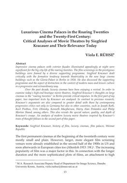 Luxurious Cinema Palaces in the Roaring Twenties and the Twenty-First Century: Critical Analyses of Movie Theatres by Siegfried Kracauer and Their Relevance Today