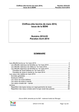 Chiffres-Clés Bovins De Mars 2014, Issus De La BDNI