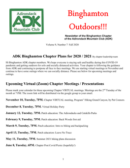 Binghamton Outdoors!!! Newsletter of the Binghamton Chapter of the Adirondack Mountain Club (ADK)