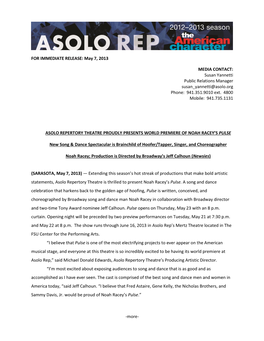 FOR IMMEDIATE RELEASE: May 7, 2013