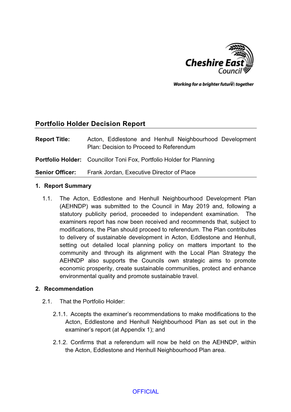 Portfolio Holder Decision Report