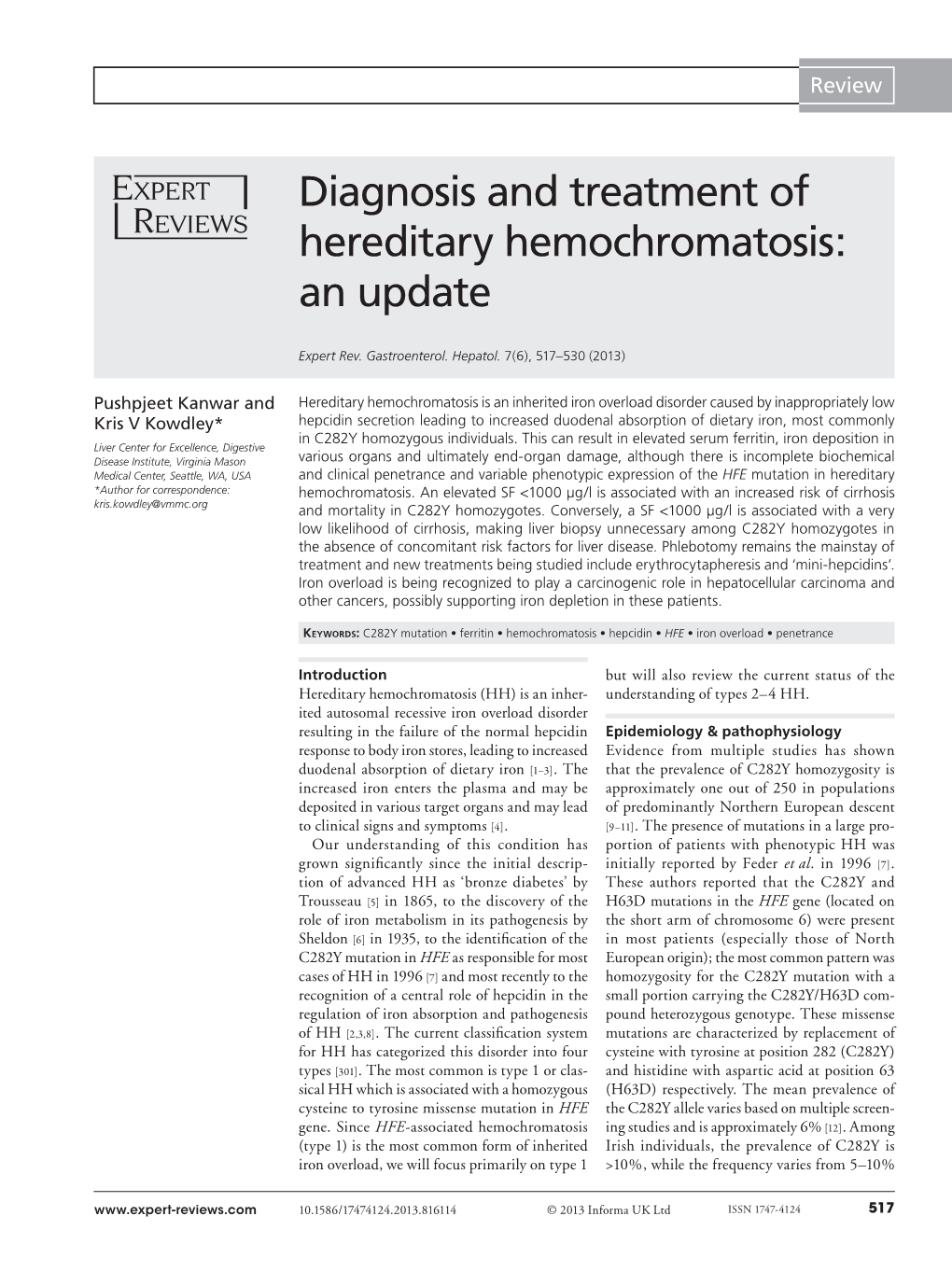 Diagnosis and Treatment of Hereditary Hemochromatosis: an Update