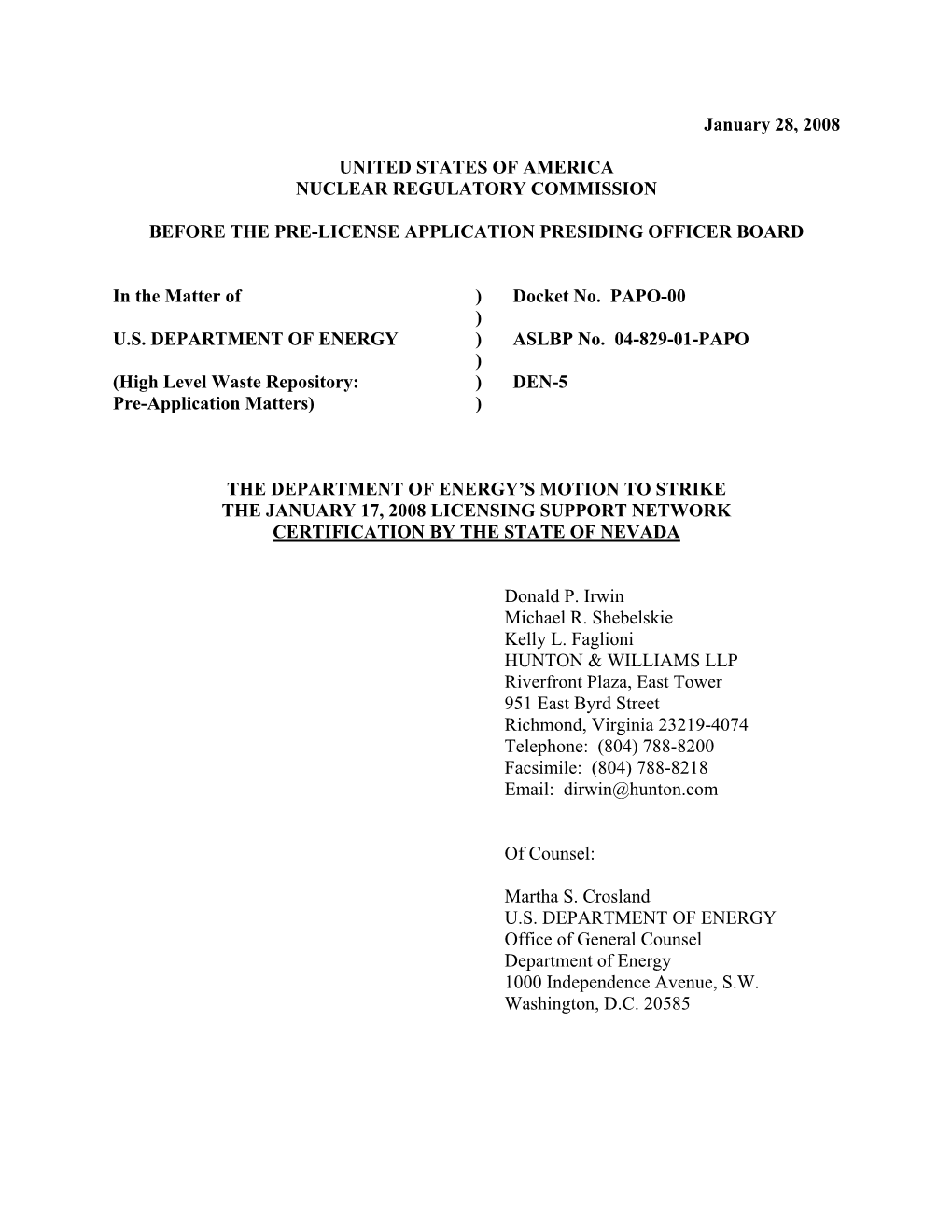 2008/01/28-The Department of Energy's Motion to Strike the January 17, 2008 Licensing Support Network Certification by the S