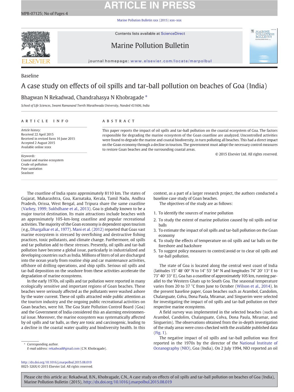 A Case Study on Effects of Oil Spills and Tar-Ball Pollution on Beaches of Goa (India)