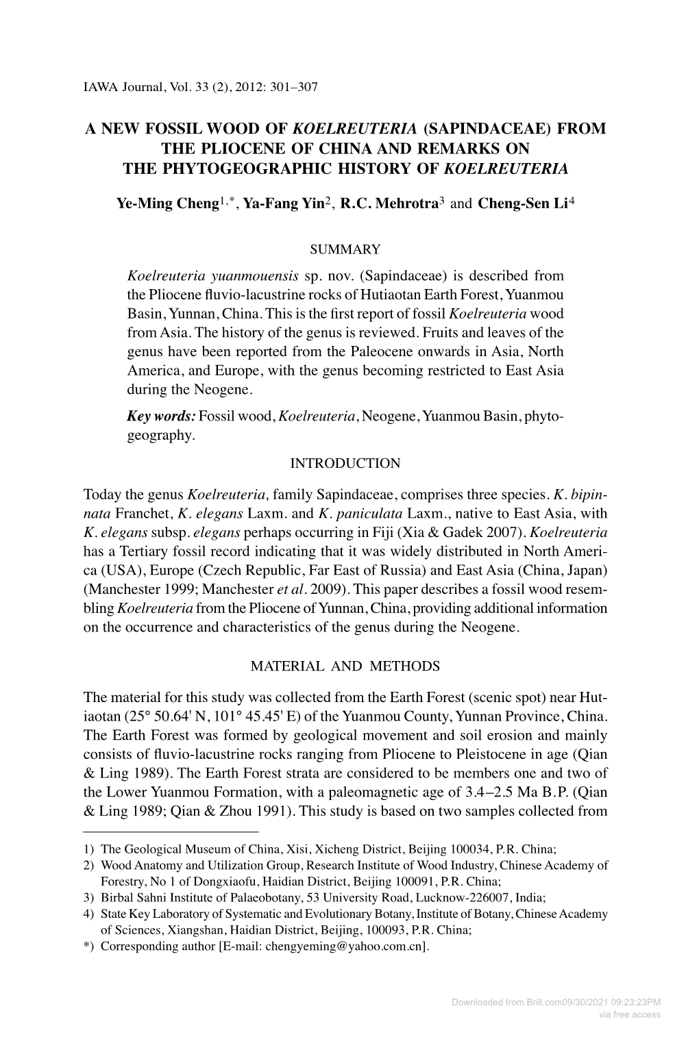 A New Fossil Wood of Koelreuteria (Sapindaceae) from the Pliocene of China and Remarks on the Phytogeographic History of Koelreuteria