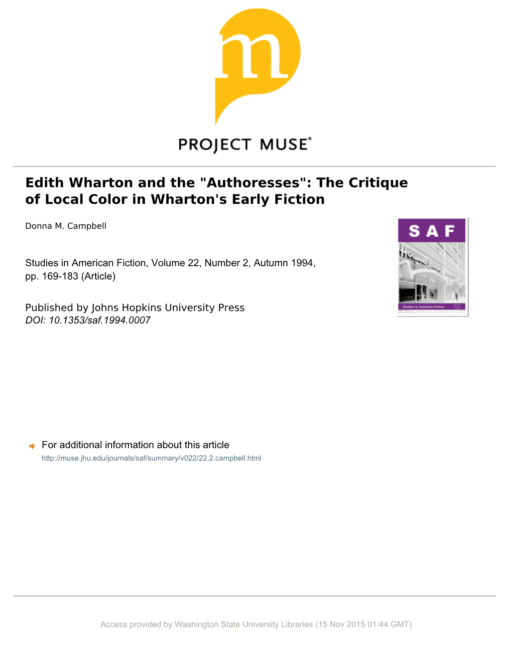 Edith Wharton and the "Authoresses": the Critique of Local Color in Wharton's Early Fiction