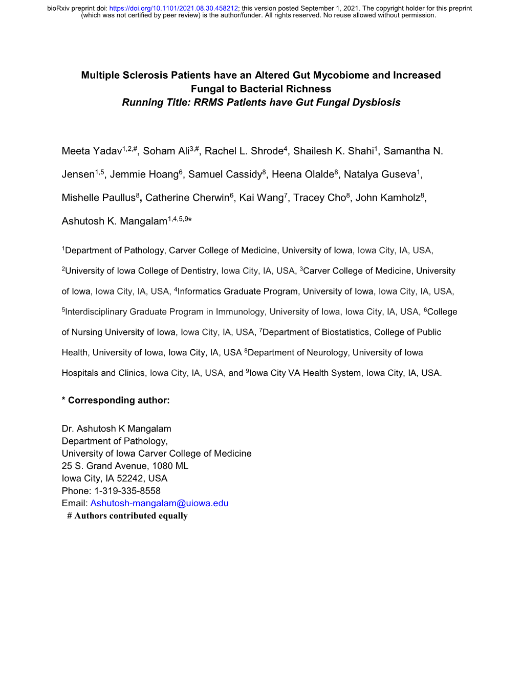 Multiple Sclerosis Patients Have an Altered Gut Mycobiome and Increased Fungal to Bacterial Richness Running Title: RRMS Patients Have Gut Fungal Dysbiosis