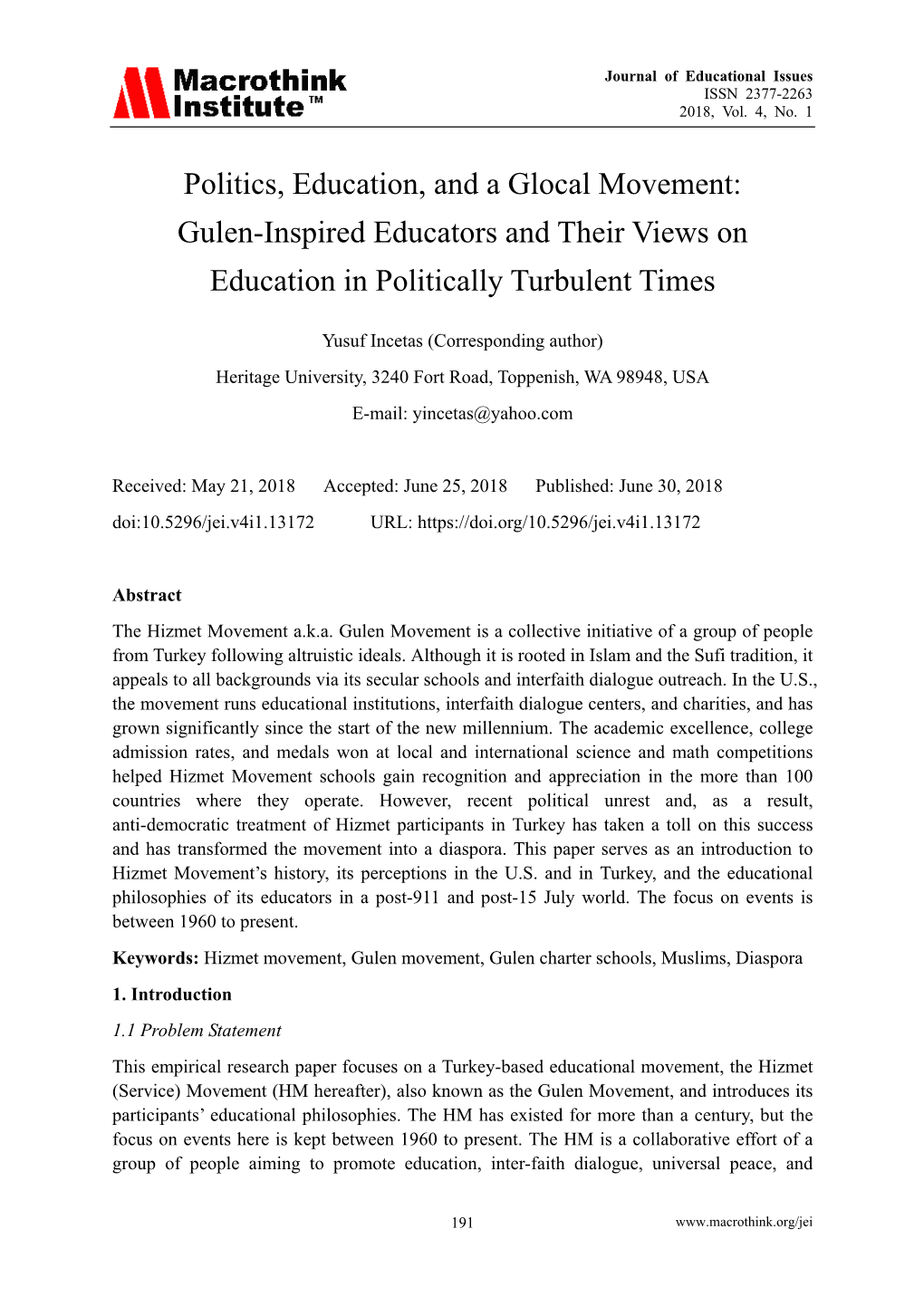 Politics, Education, and a Glocal Movement: Gulen-Inspired Educators and Their Views on Education in Politically Turbulent Times