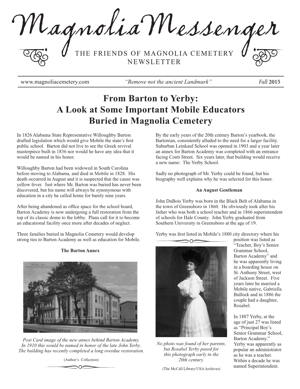 Fall 2015 from Barton to Yerby: a Look at Some Important Mobile Educators Buried in Magnolia Cemetery