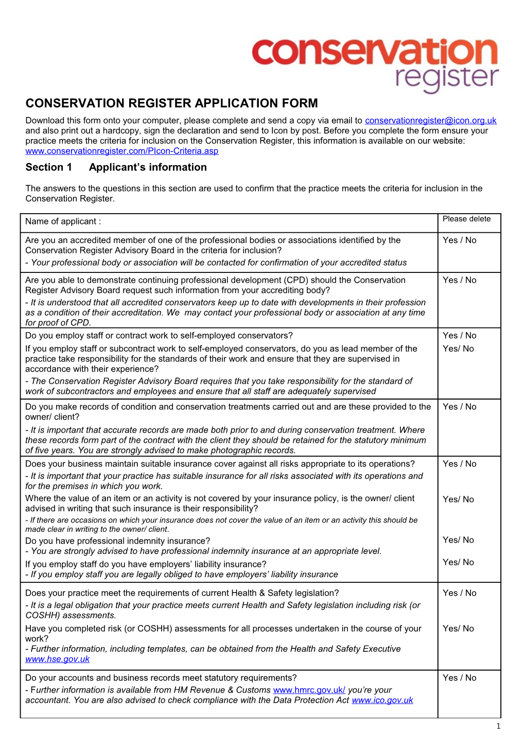 Conservation Register Application Form