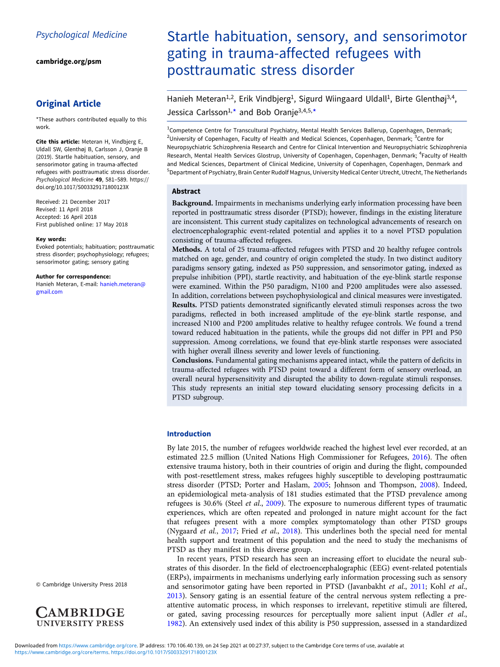 Startle Habituation, Sensory, and Sensorimotor Gating in Trauma-Affected Refugees with Posttraumatic Stress Disorder