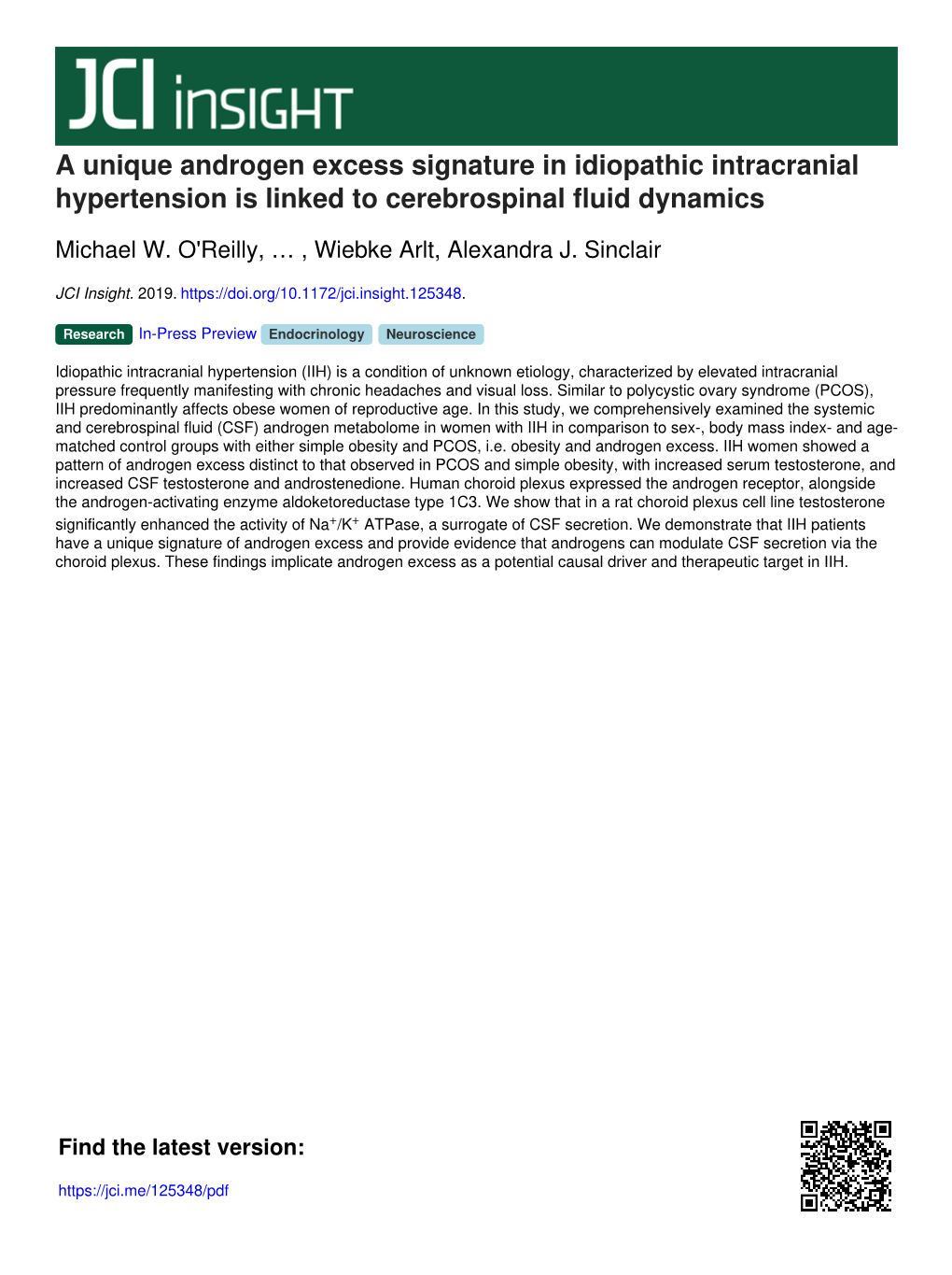 A Unique Androgen Excess Signature in Idiopathic Intracranial Hypertension Is Linked to Cerebrospinal Fluid Dynamics