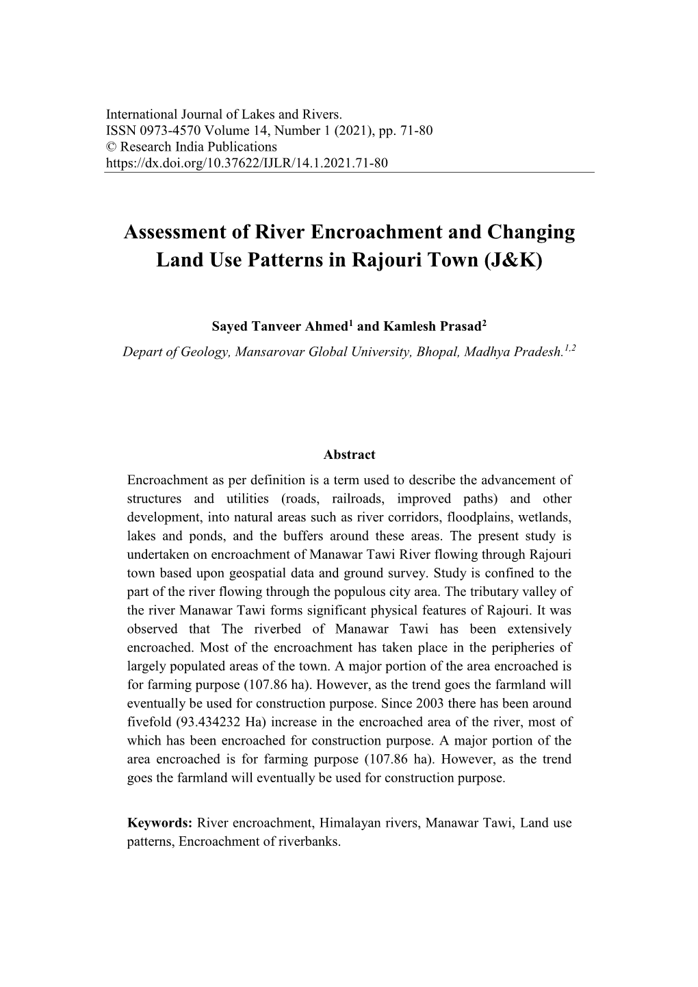 Assessment of River Encroachment and Changing Land Use Patterns in Rajouri Town (J&K)
