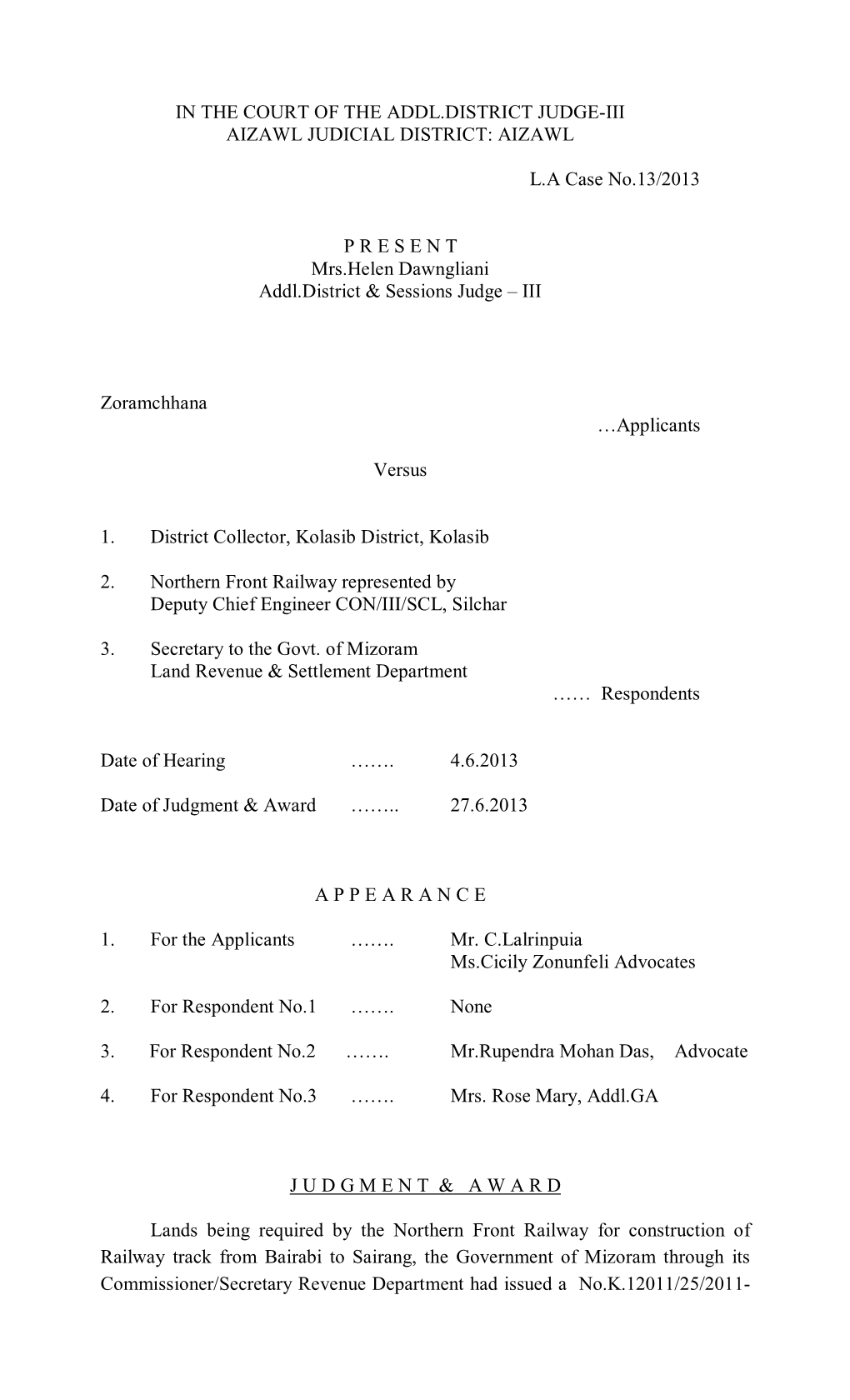 In the Court of the Addl.District Judge-Iii Aizawl Judicial District: Aizawl