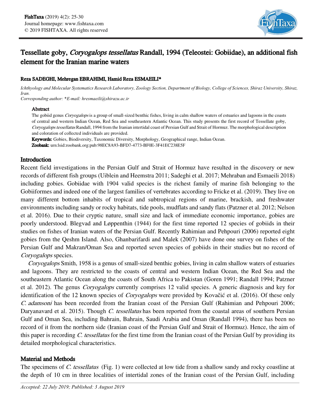 Tessellate Goby, Coryogalops Tessellatus Randall, 1994 (Teleostei: Gobiidae), an Additional Fish Element for the Iranian Marine Waters