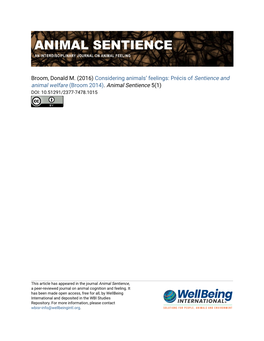 Considering Animals' Feelings: Précis of Sentience and Animal Welfare