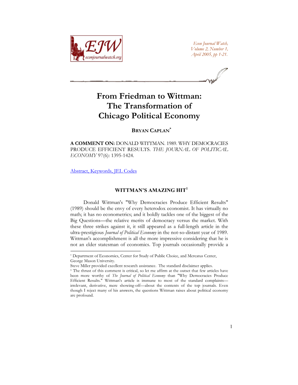 From Friedman to Wittman: the Transformation of Chicago Political Economy