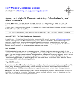 Igneous Rocks of the Elk Mountains and Vicinity, Colorado-Chemistry and Related Ore Deposits Felix E