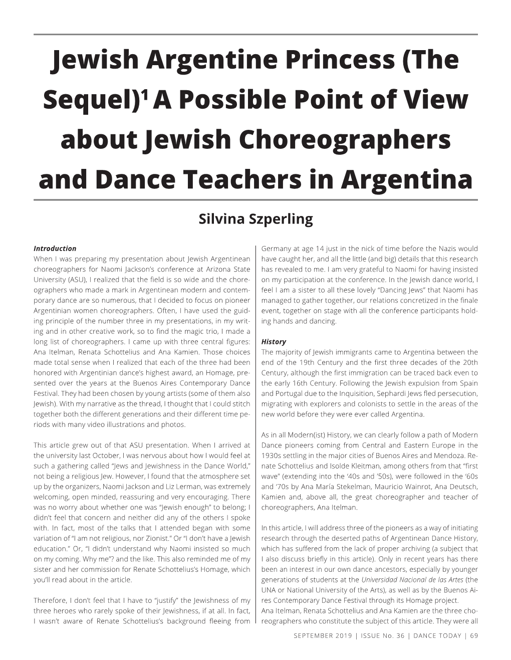 Jewish Argentine Princess (The Sequel)1 a Possible Point of View About Jewish Choreographers and Dance Teachers in Argentina