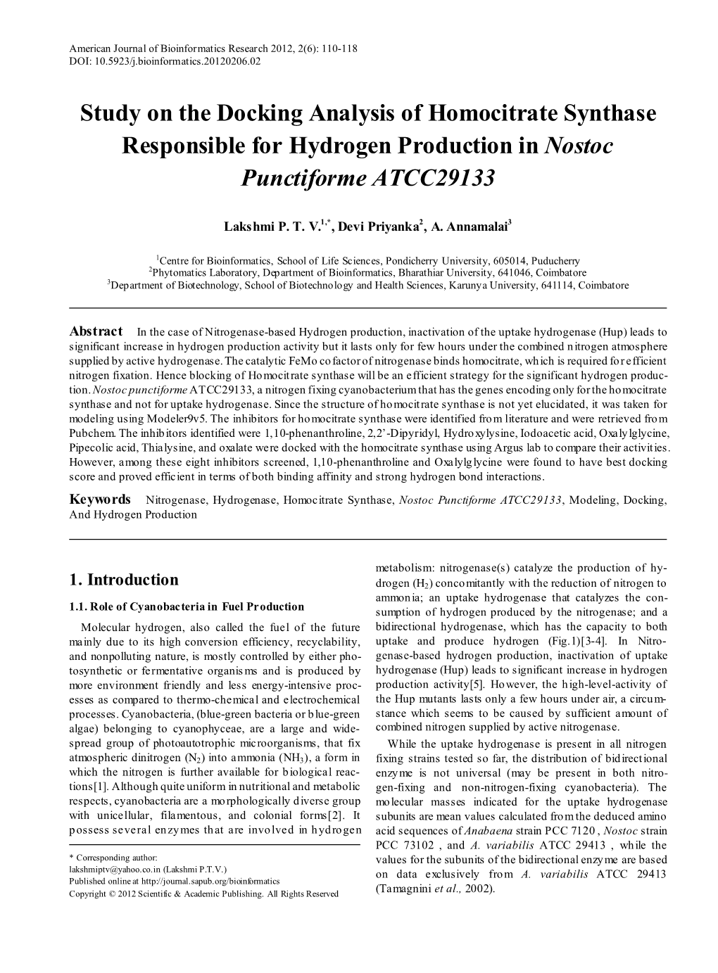 Nitrogenase, Hydrogenase, Homocitrate Synthase, Nostoc Punctiforme ATCC29133, Modeling, Docking, and Hydrogen Production