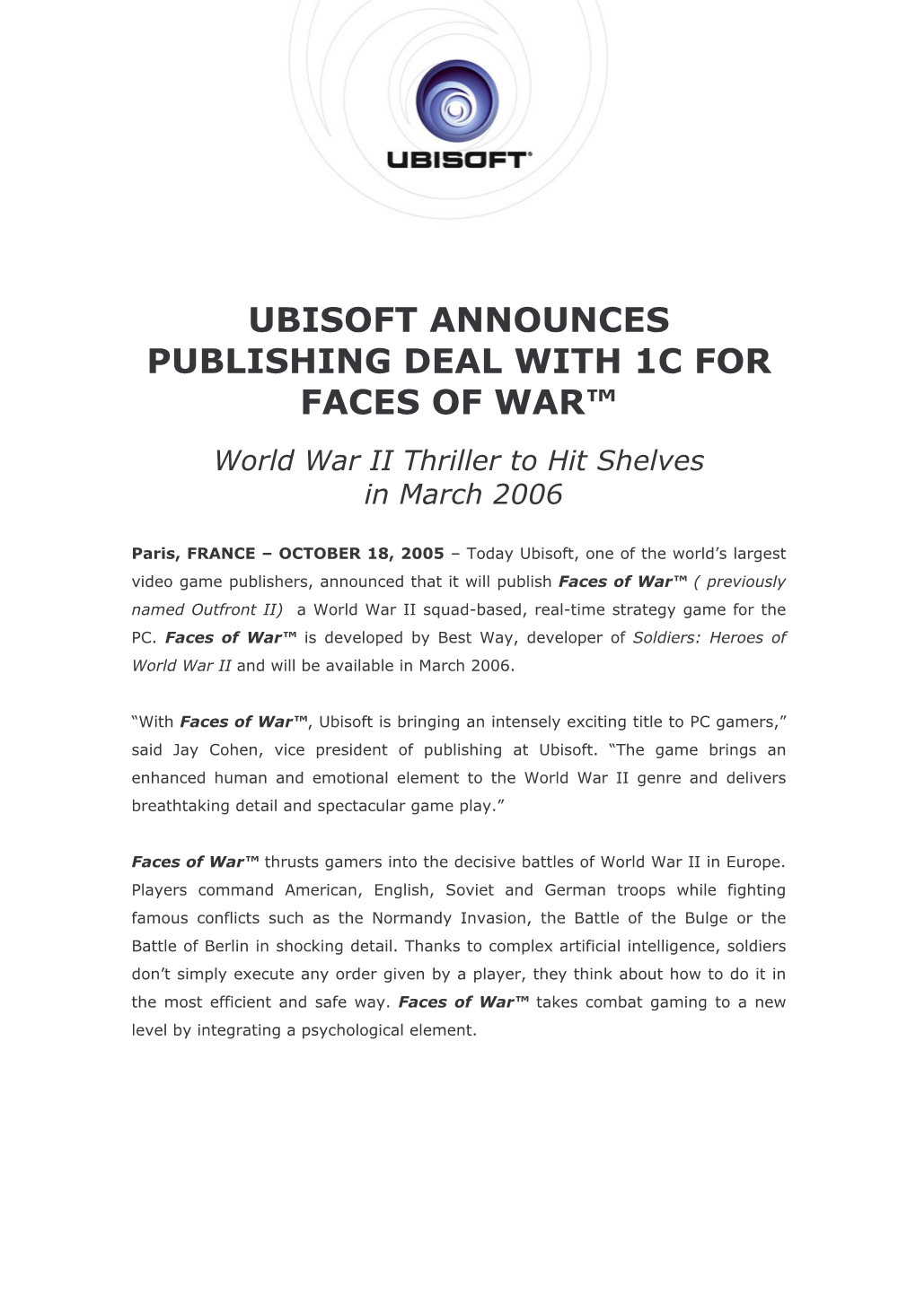 Ubisoft Announces Publishing Deal with 1C for Faces of War™