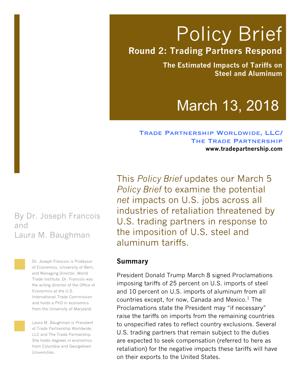 Policy Brief Round 2: Trading Partners Respond the Estimated Impacts of Tariffs on Steel and Aluminum