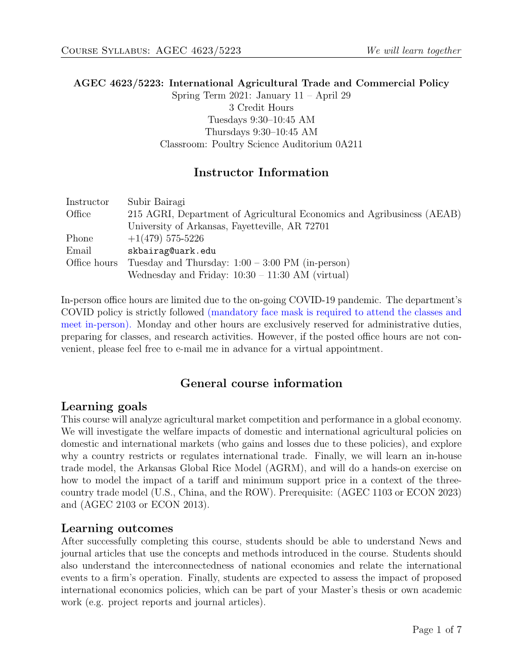 Instructor Information General Course Information Learning Goals Learning Outcomes