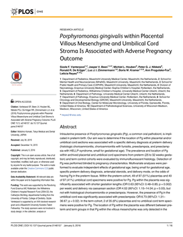 Porphyromonas Gingivalis Within Placental Villous Mesenchyme and Umbilical Cord Stroma Is Associated with Adverse Pregnancy Outcome