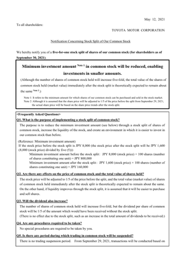 Notification Concerning Stock Split of Our Common Stock