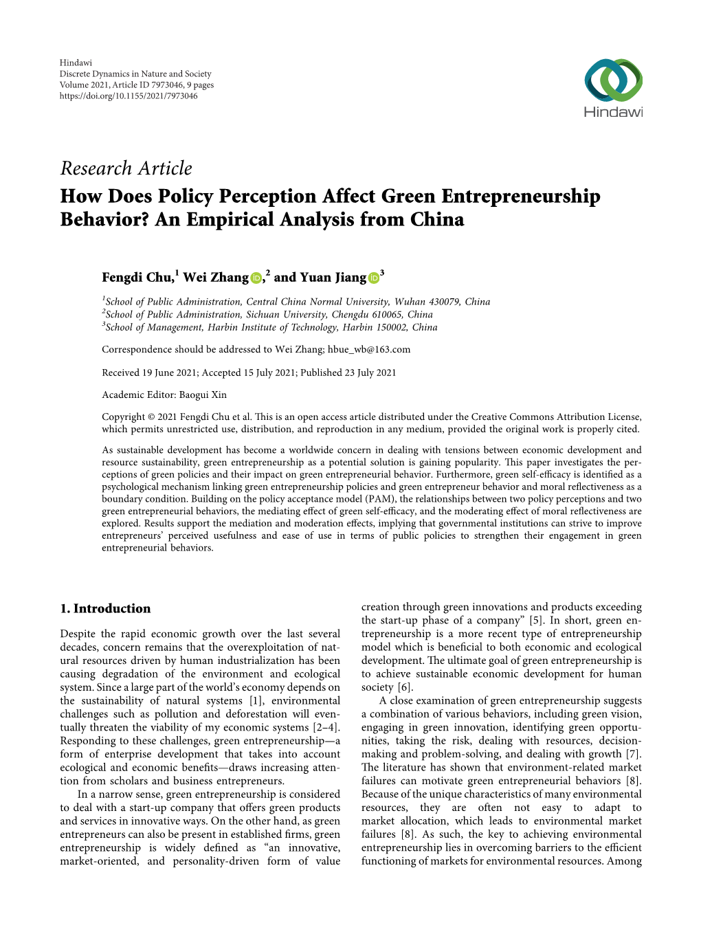 How Does Policy Perception Affect Green Entrepreneurship Behavior? an Empirical Analysis from China