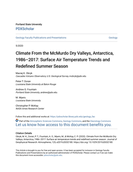 Climate from the Mcmurdo Dry Valleys, Antarctica, 1986–2017: Surface Air Temperature Trends and Redefined Summer Season