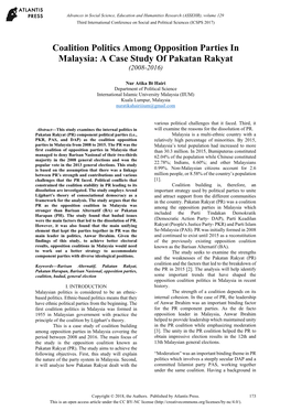 Coalition Politics Among Opposition Parties in Malaysia: a Case Study of Pakatan Rakyat (2008-2016)