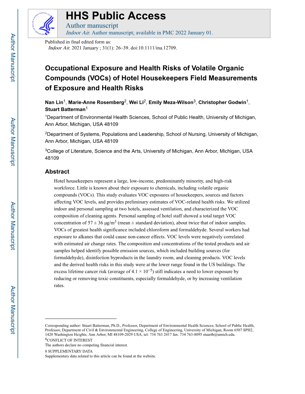 Occupational Exposure and Health Risks of Volatile Organic Compounds (Vocs) of Hotel Housekeepers Field Measurements of Exposure and Health Risks