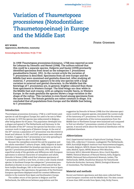 Variation of Thaumetopoea Processionea (Notodontidae: Thaumetopoeinae) in Europe and the Middle East