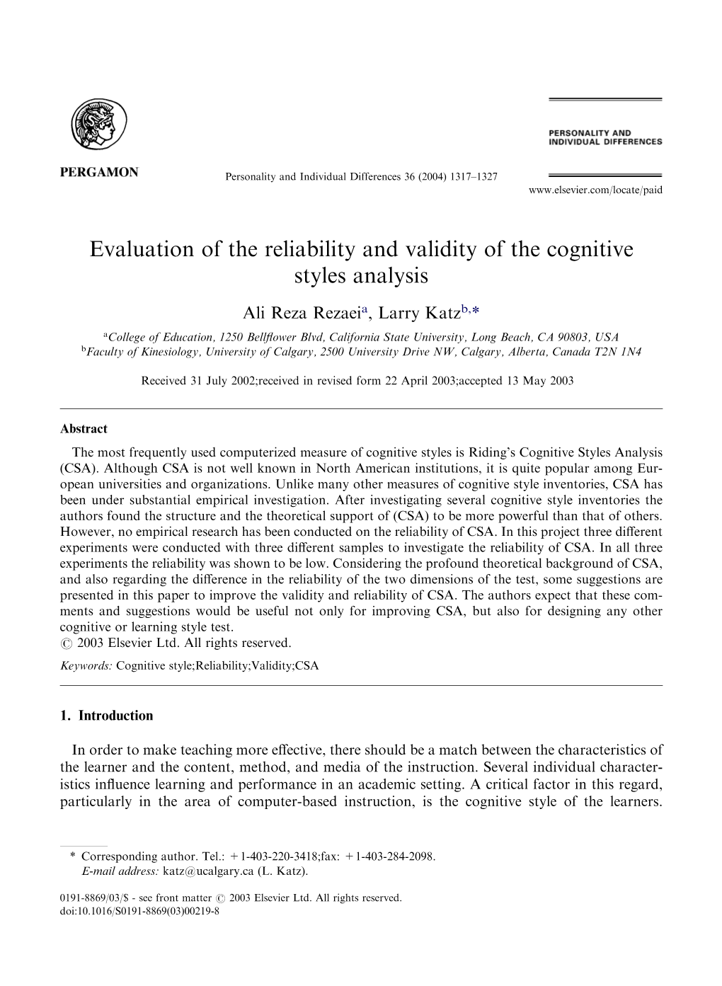 Evaluation of the Reliability and Validity of the Cognitive Styles Analysis