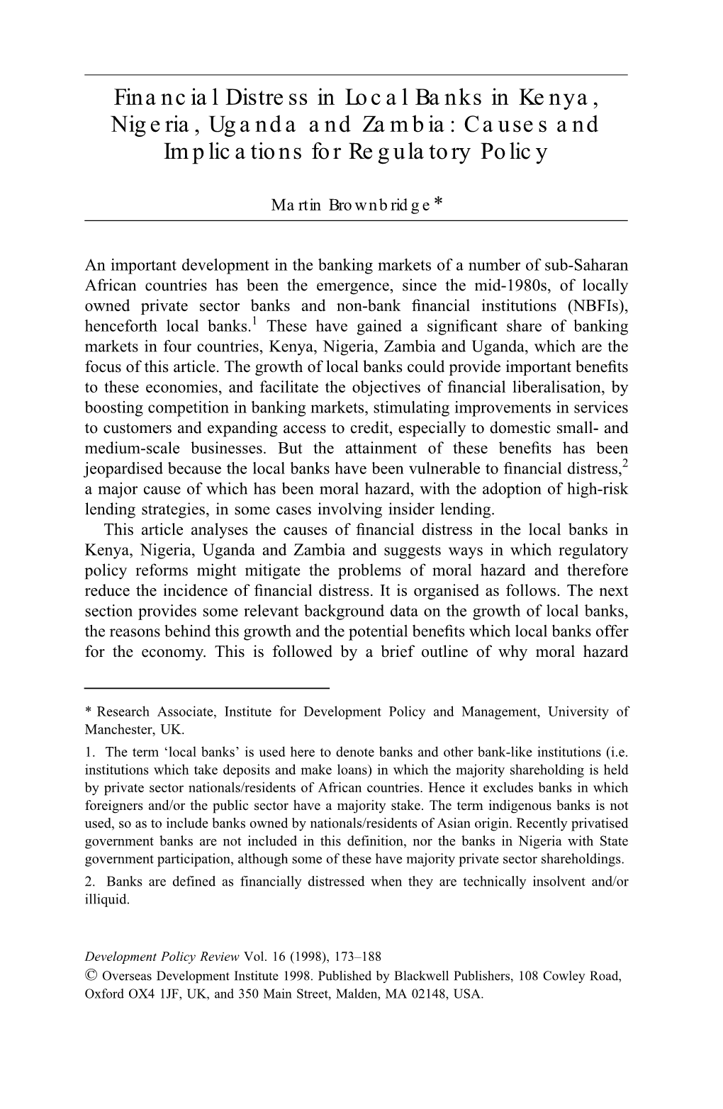 Financial Distress in Local Banks in Kenya, Nigeria, Uganda and Zambia: Causes and Implications for Regulatory Policy