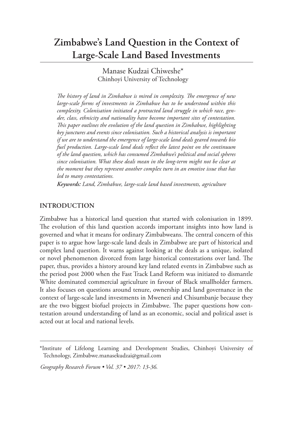 Zimbabwe's Land Question in the Context of Large-Scale Land Based