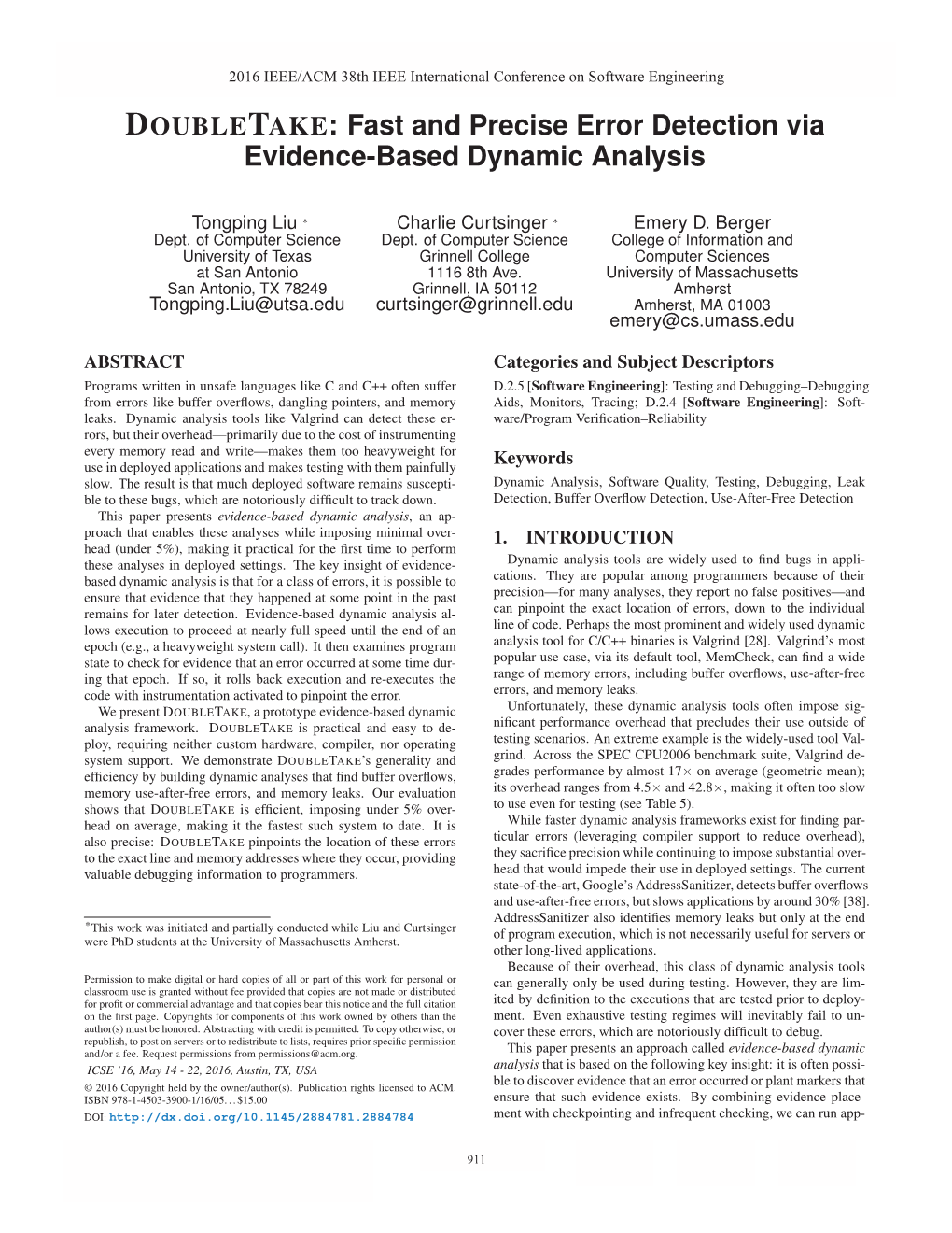 DOUBLETAKE: Fast and Precise Error Detection Via Evidence-Based Dynamic Analysis