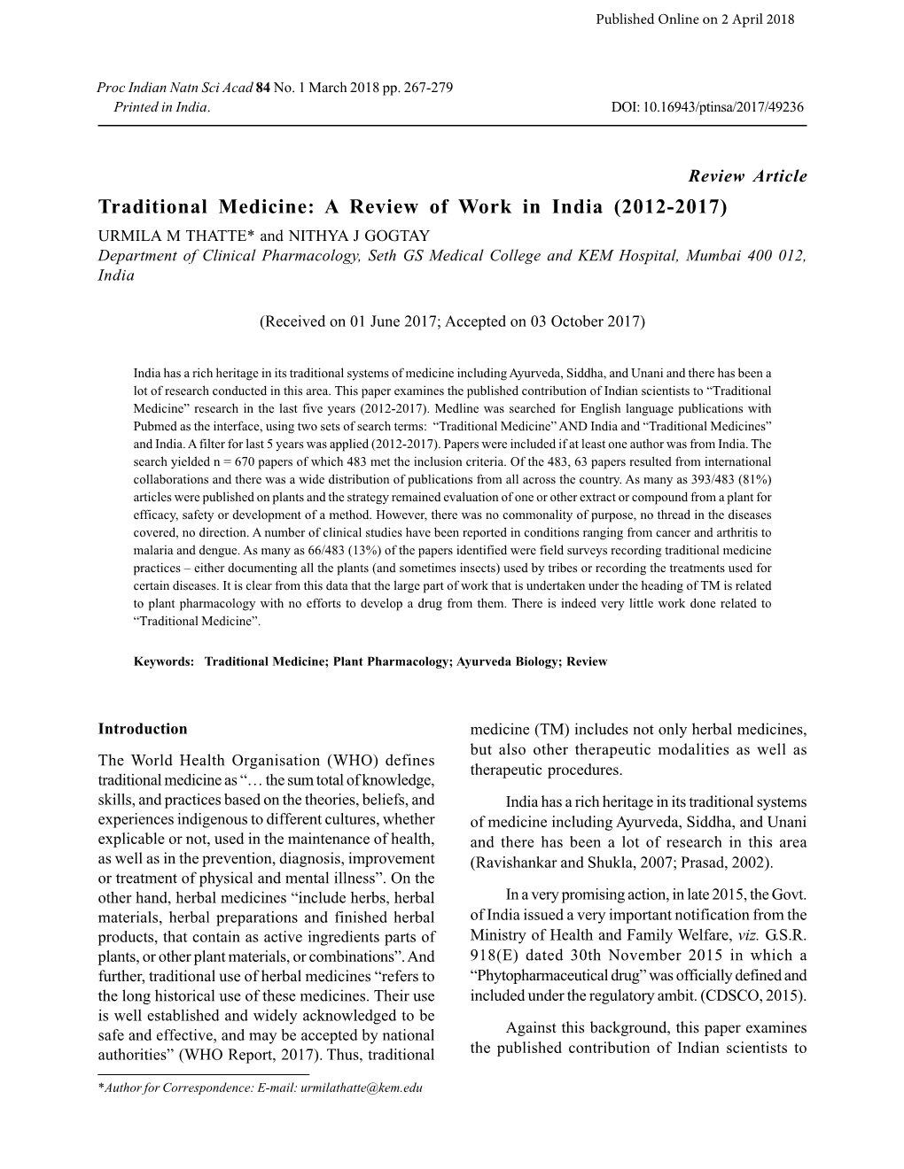 Traditional Medicine: a Review of Work in India (2012-2017)