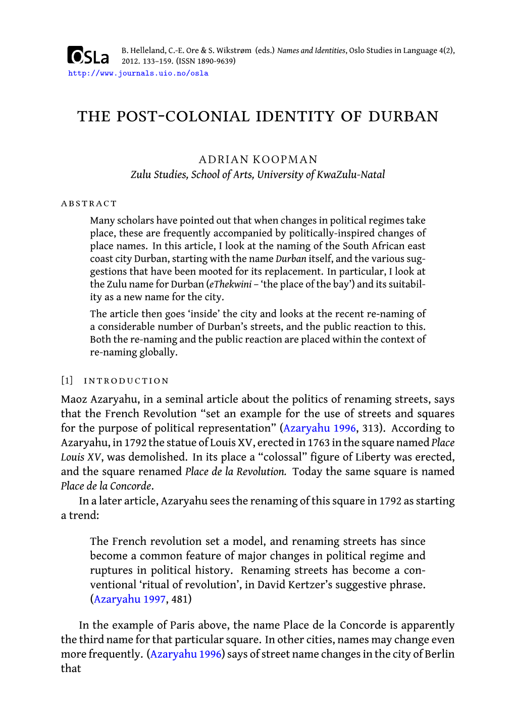 The Post-Colonial Identity of Durban