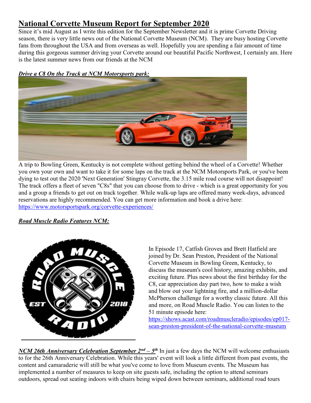 National Corvette Museum Report for September 2020